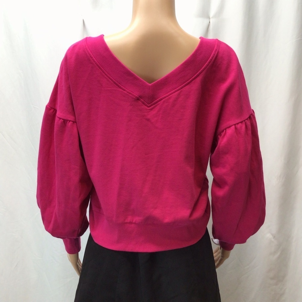 Wild Fable Pink Balloon Sleeve Cropped V-Neck Sweatshirt - Picture 7 of 11